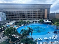 A room with a view of the pool.