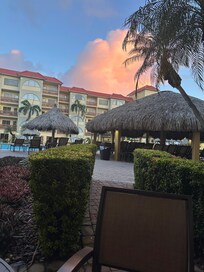 The room patio to the pool in the morning