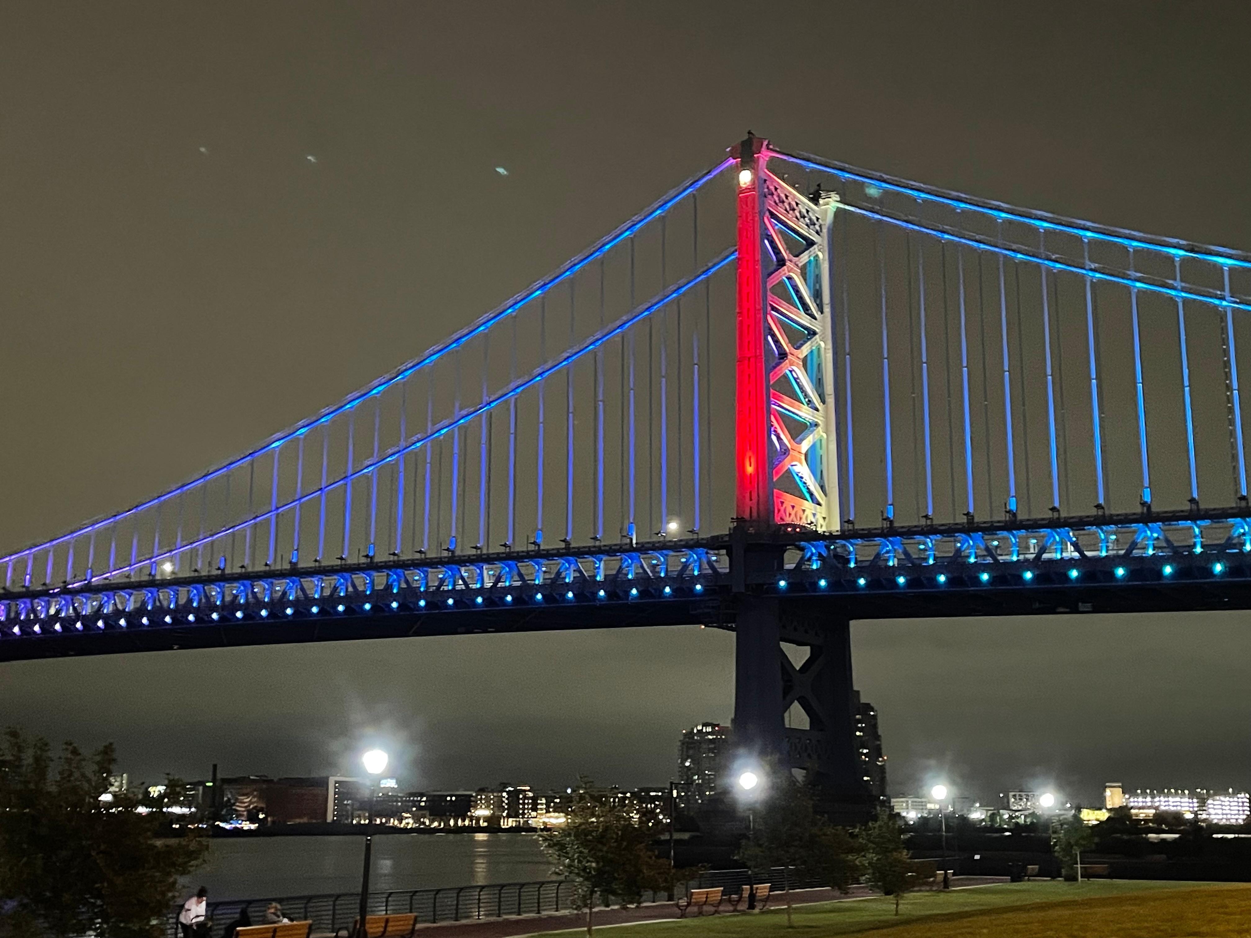 Night view from room window of Ben Franklin Bridge