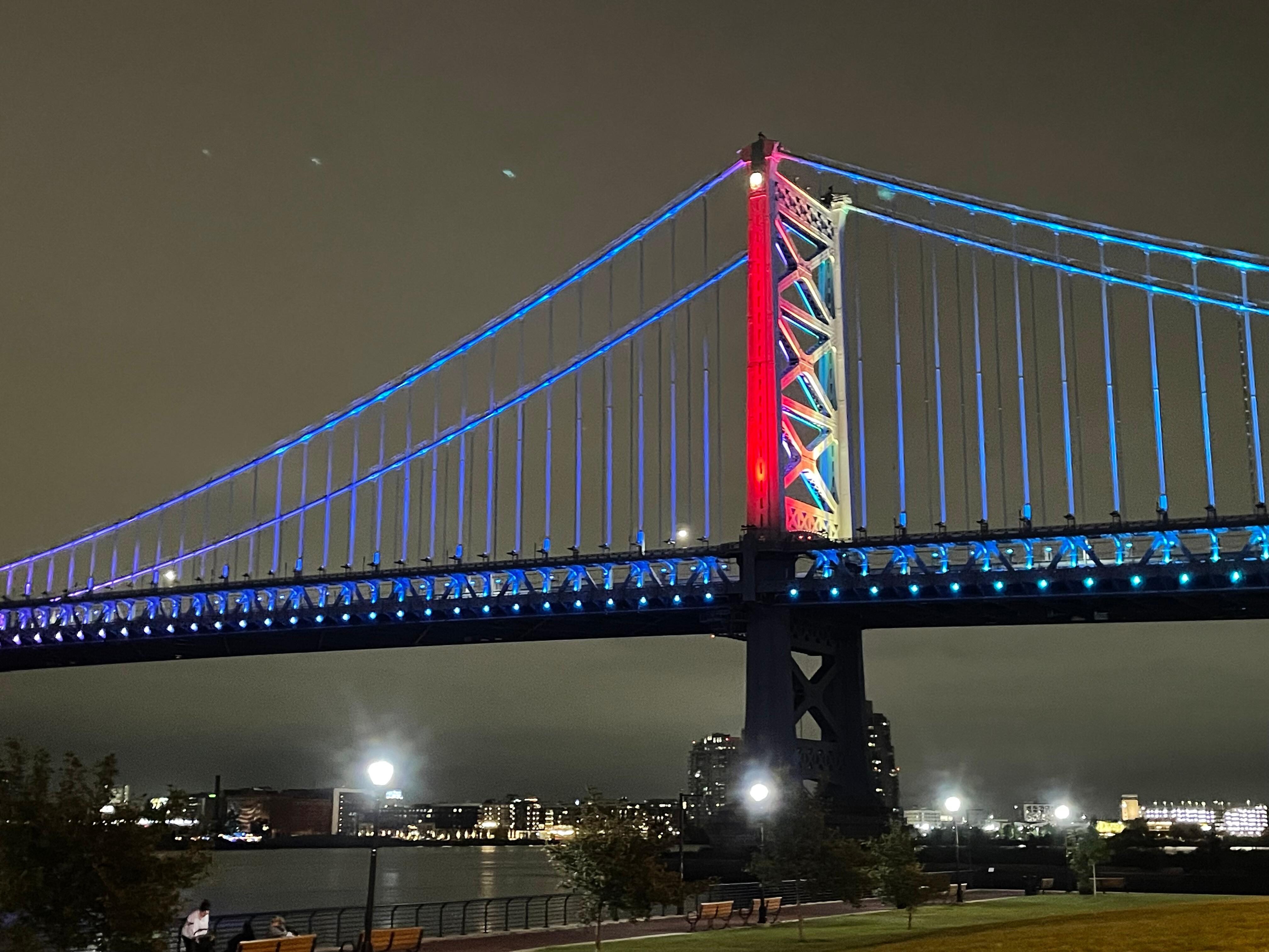 Night view from room window of Ben Franklin Bridge 