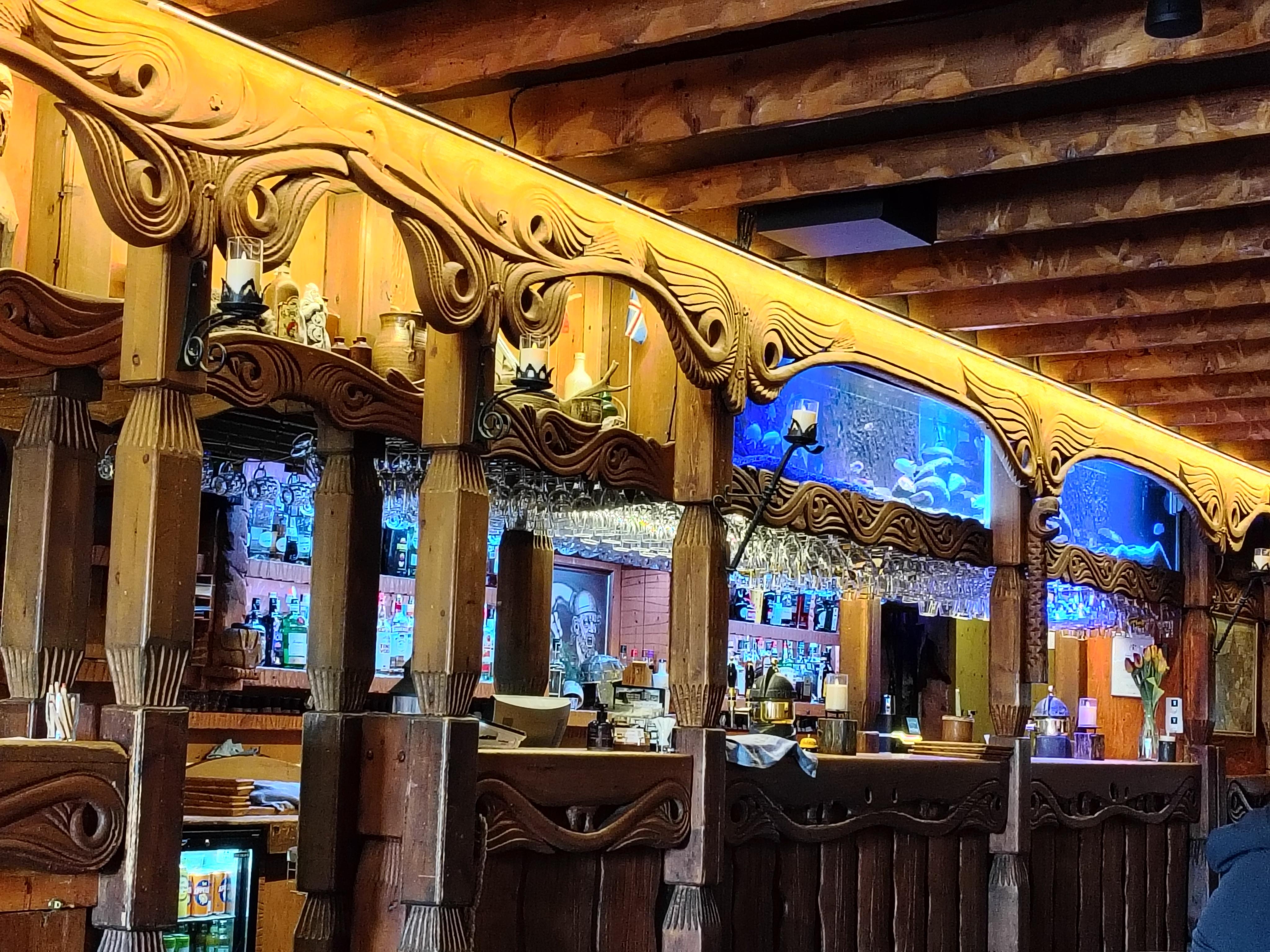 Restaurant, bar top with built in fish tank. 