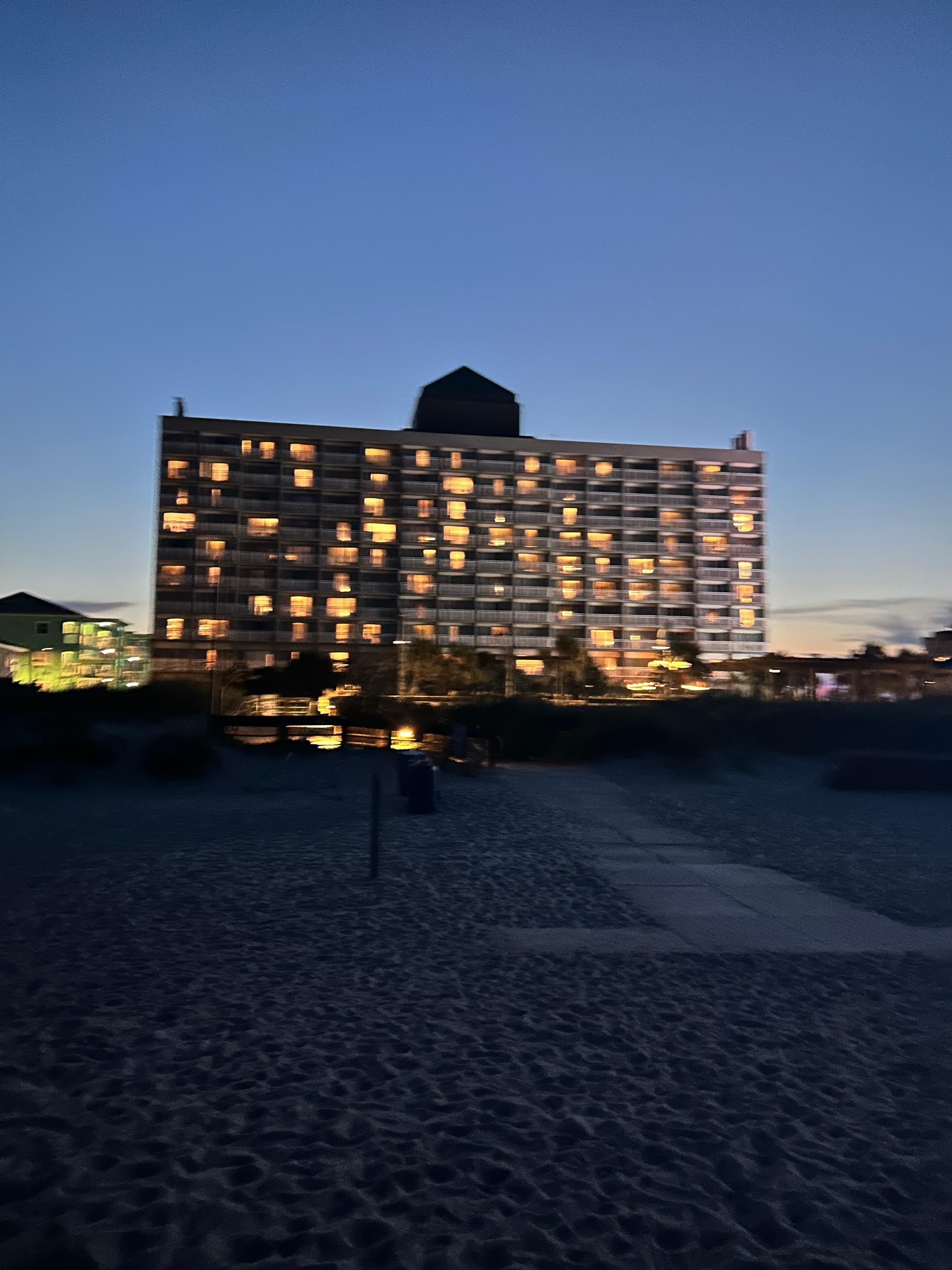 Night view of hotel from beach
