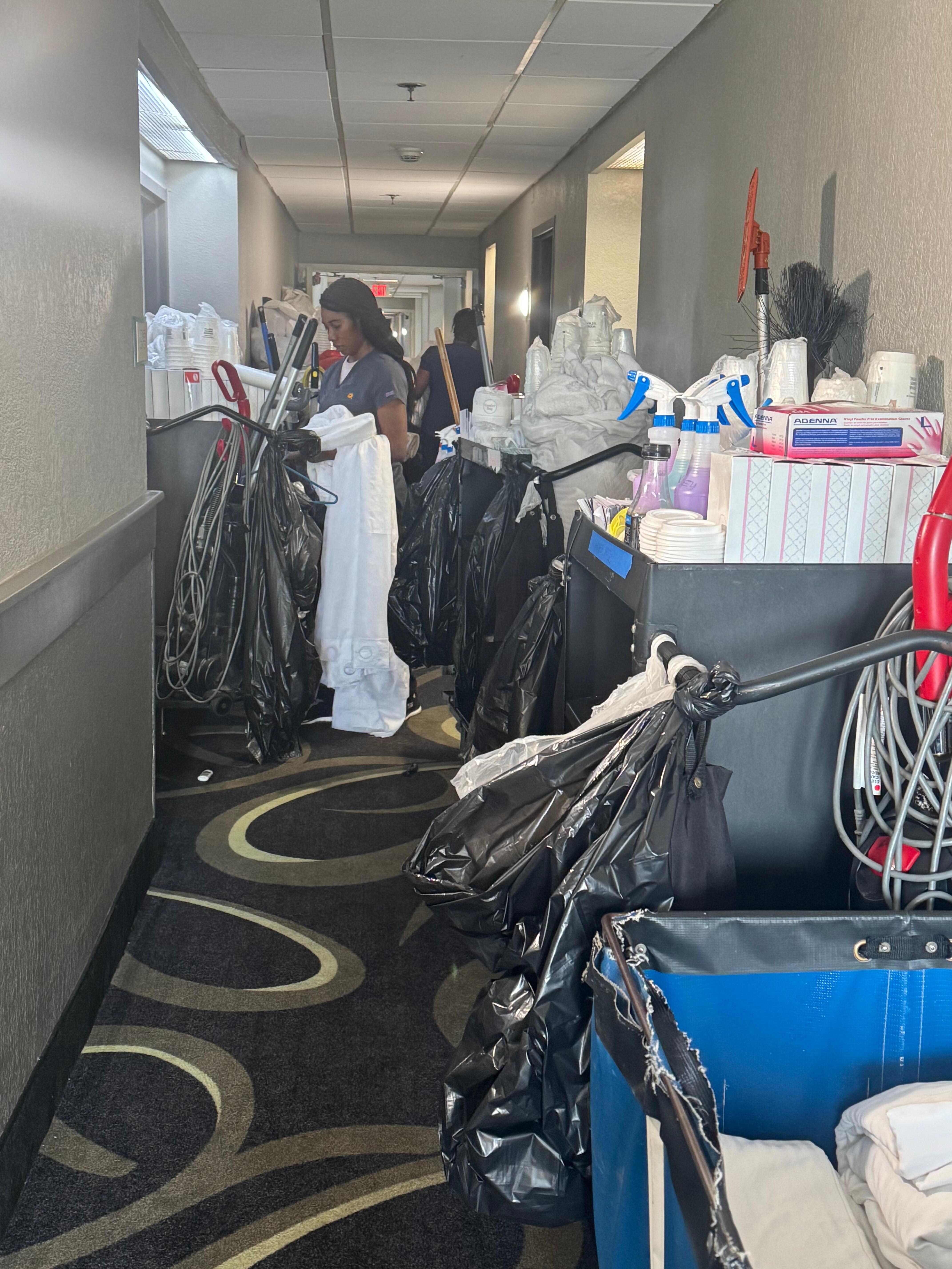 Hallway blocked by cleaning crews
