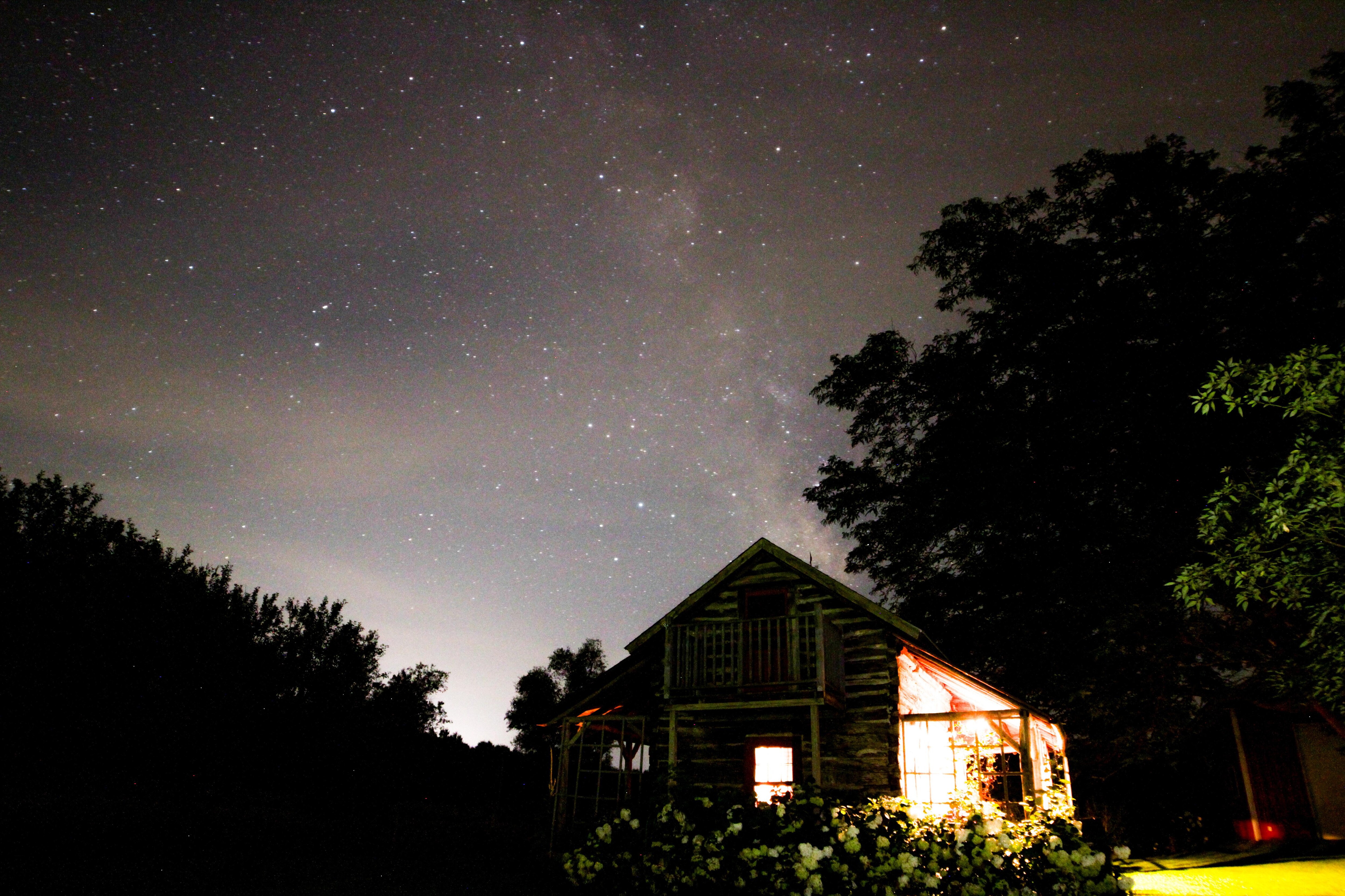 Shot of the cabin and the Milky way in the background