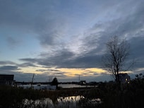 The kitchen window view at sunset.