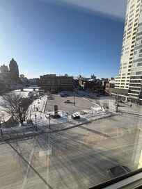 A beautiful, but frozen, view of the river and restaurants!