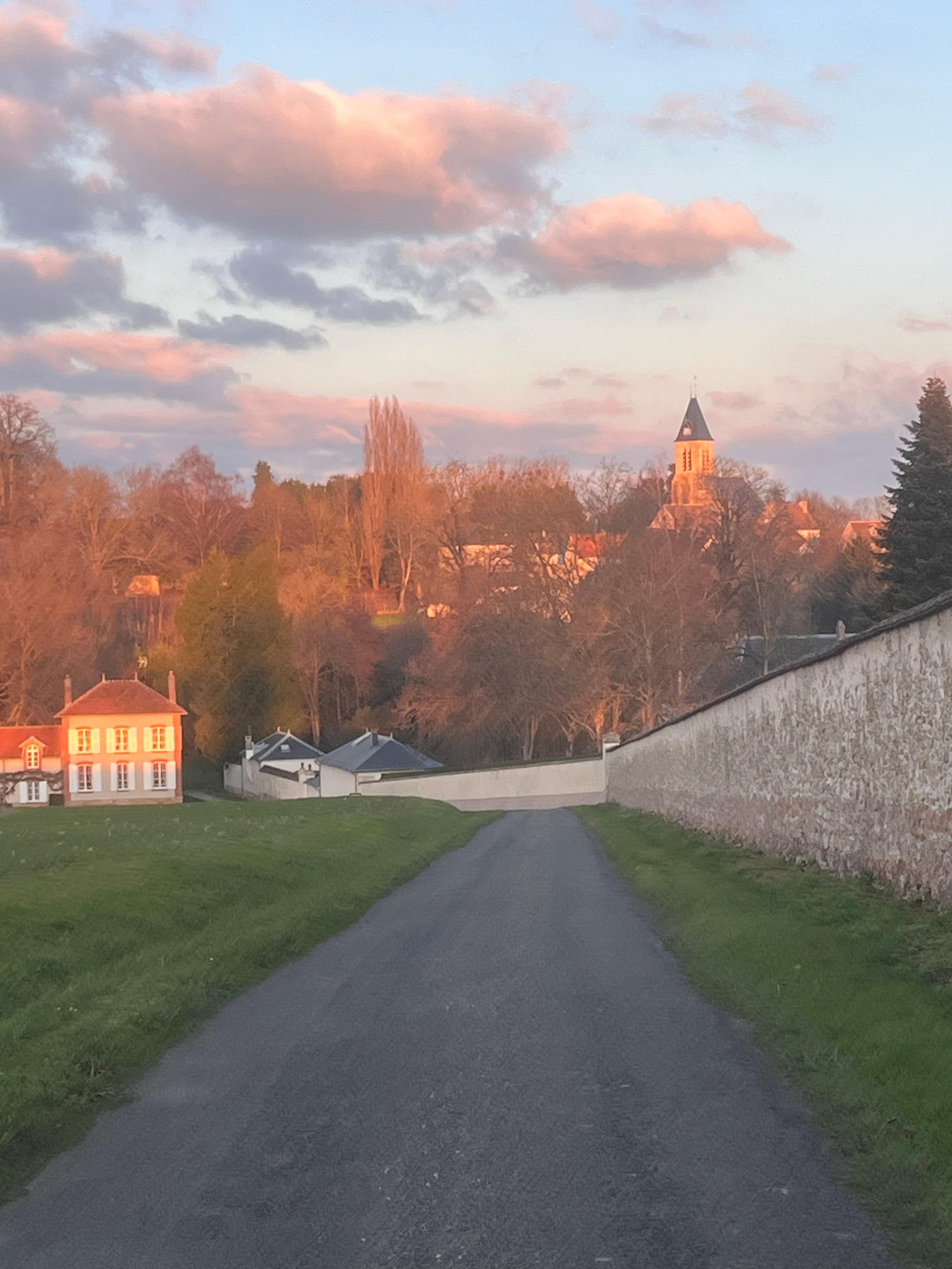 View driving down the main road to the house right before sunset.