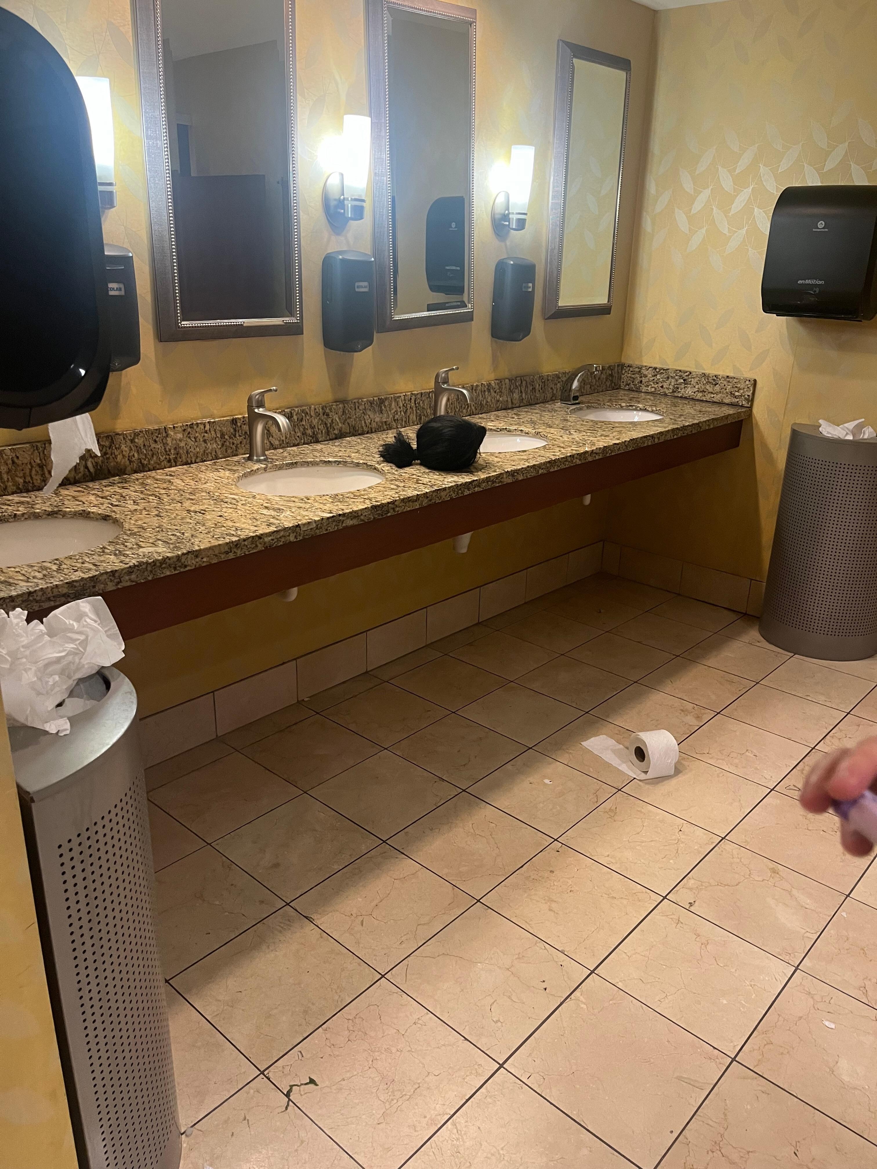 Lobby bathroom with wig on the ground and the only roll of toilet paper was that one there