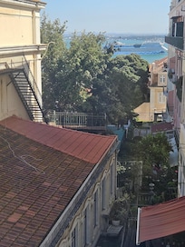 See the cruise ship between the tree and the building across the street?