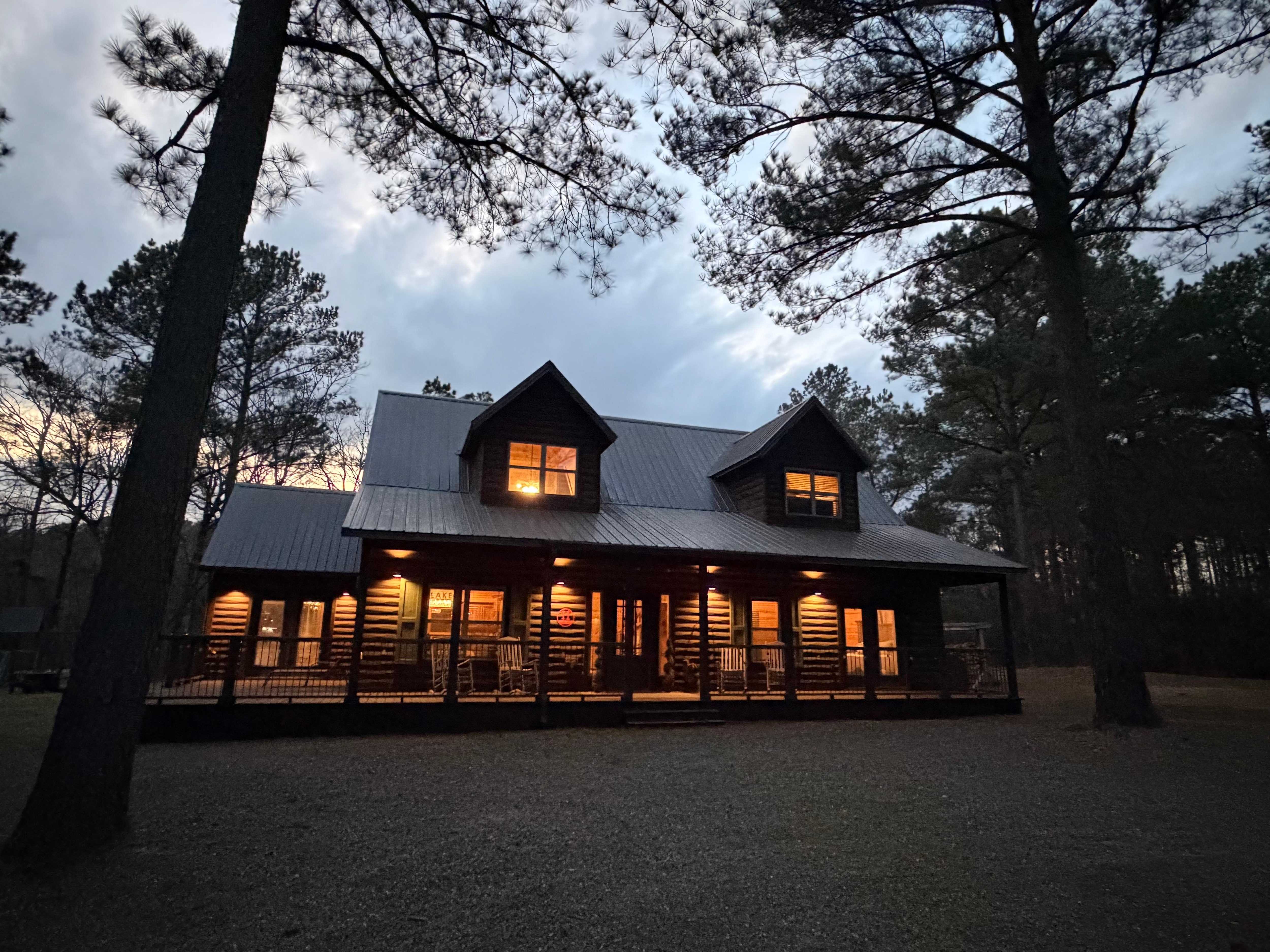 The cabin looked so lovely at night!