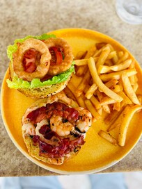 Shrimp bacon onion ring “burger”