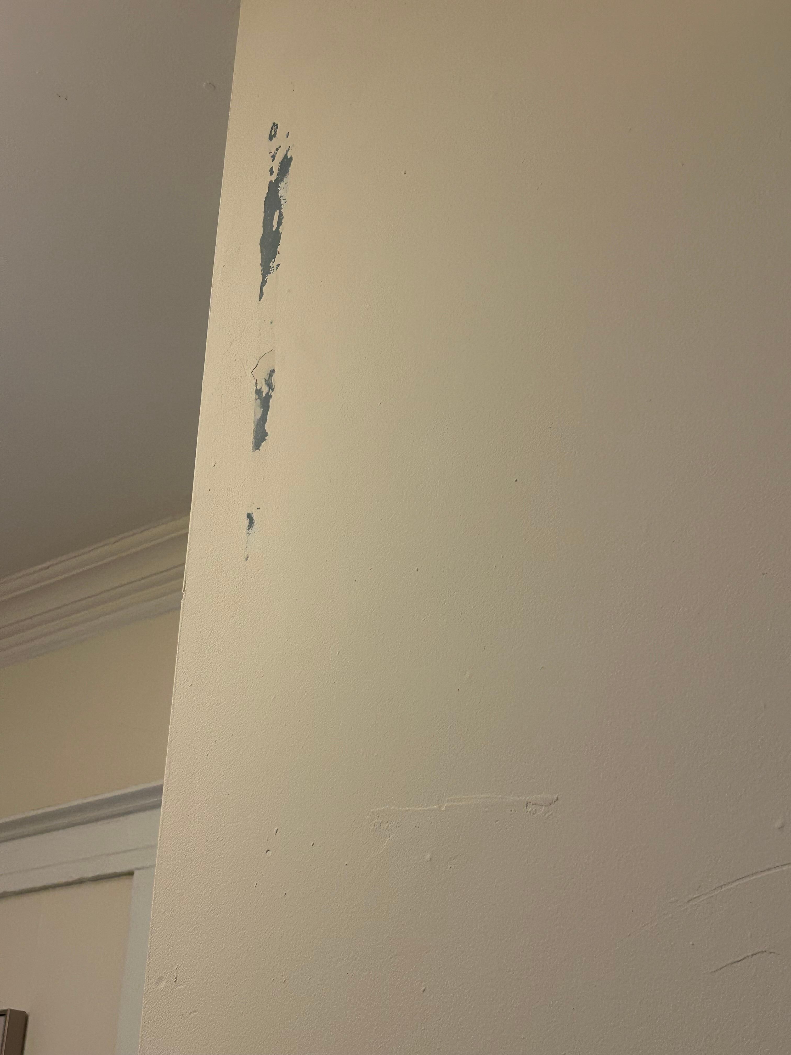 Large scrape on wall. This wall in the pic on the listing info was also altered. It has a closet with the heating unit in it and it was extremely loud when running. Not accurately shown in listing photos