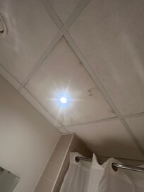 Bathroom ceiling stained and in poor state.