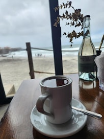 Coffee at breakfast, facing the Sunio beach