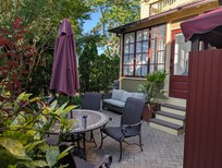 Backyard dining with outdoor shower