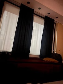 window treatments. dark shades are fully extended as shown. otherwise only shear covers.