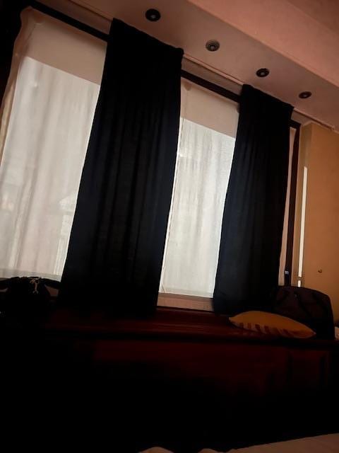 window treatments. dark shades are fully extended as shown. otherwise only shear covers.