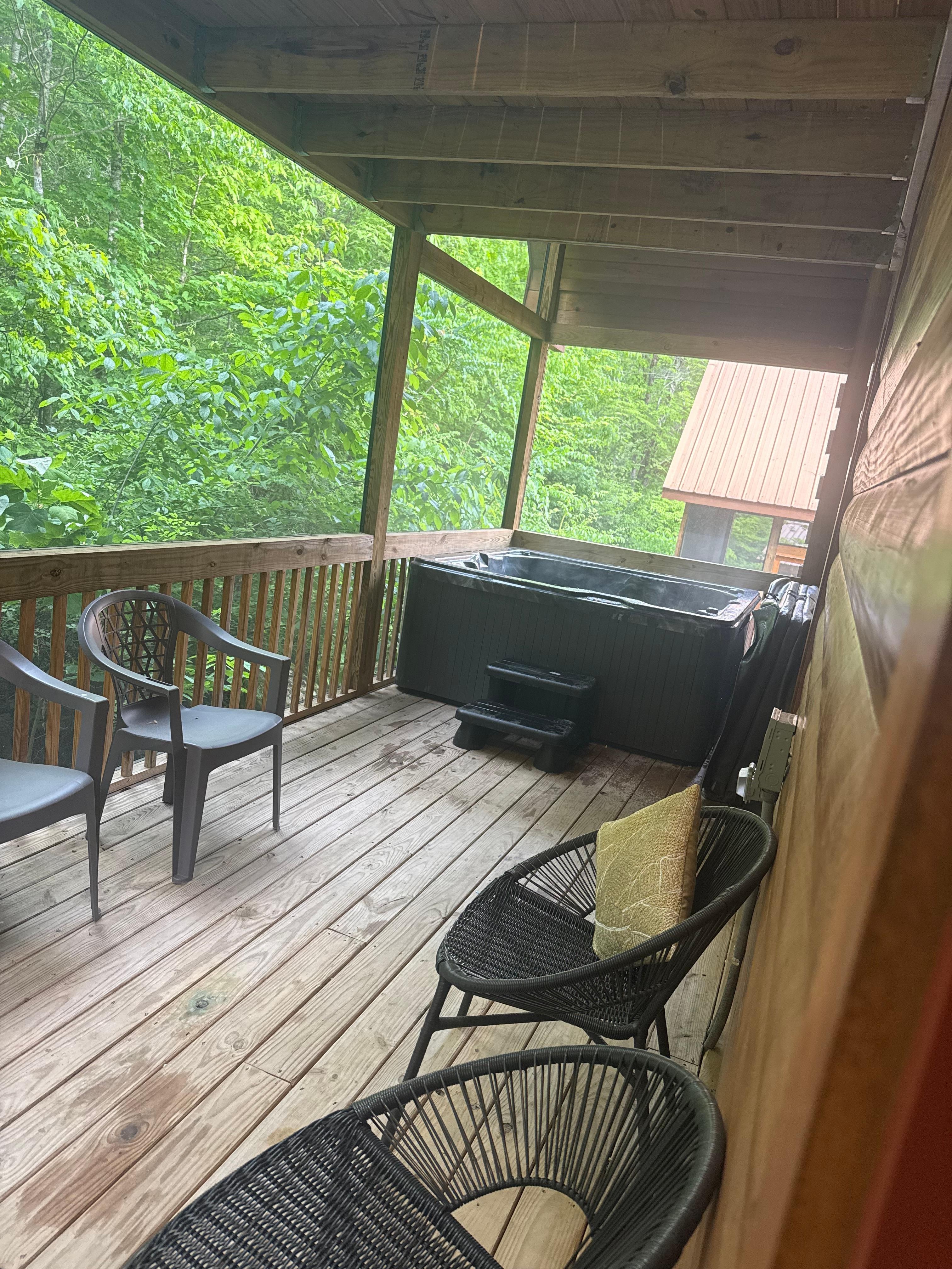 Back porch, silent neighbors with hot tub! 