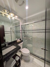 Bathroom with curbed shower. It is decent sized and the water stayed hot/warm.