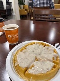 breakfast.nThere were five kinds of juice, scrambled eggs, sausage, cereal, waffles, and more.