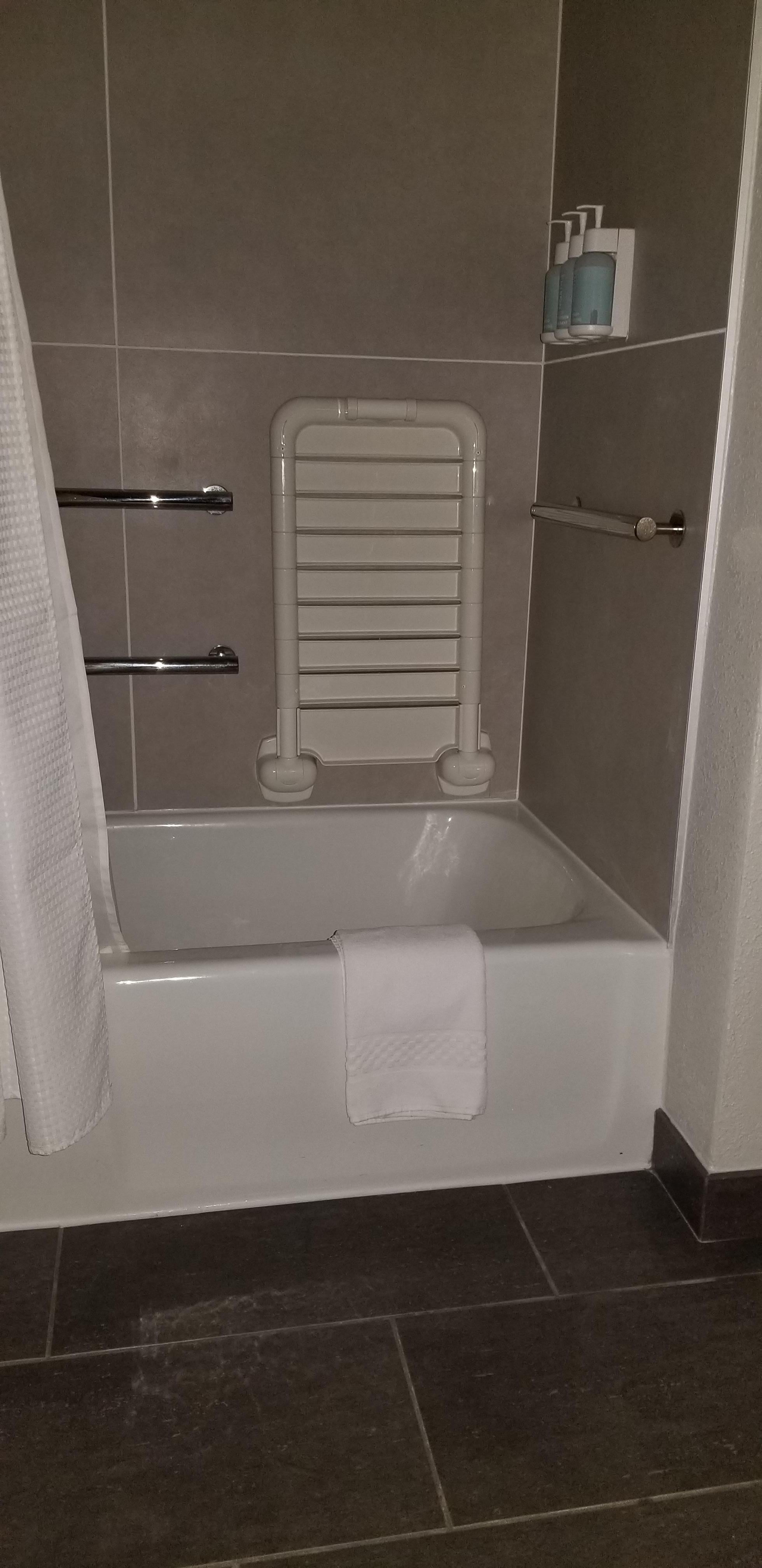 Although I had asked for a room with a shower because I use a walker there were enough safety handles. With some difficulty I was able  to get in/out of the tub - it worked out in the end
