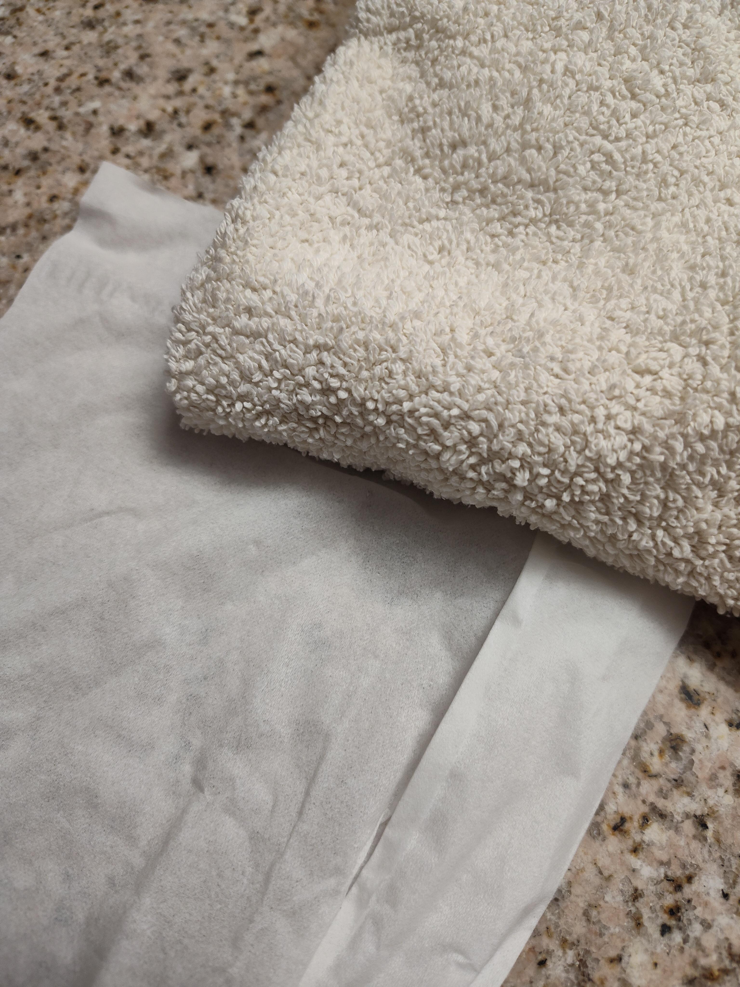 The tissue is white, what color does the towel look??? Not white. And the sheets are the same color. So this makes me believe not bleach was used in the laundry.