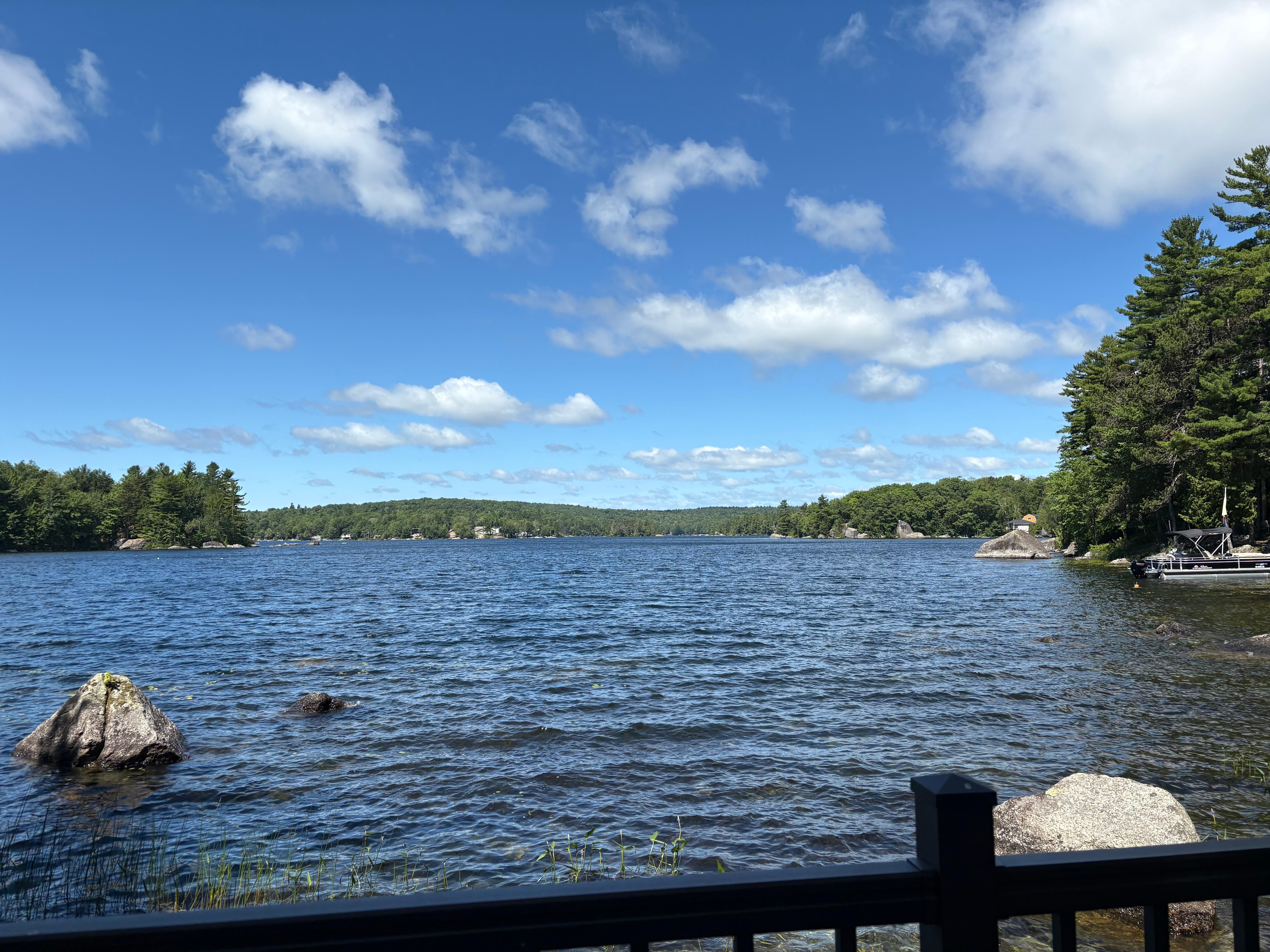 Morning view of Phillips Lake from cabin's lower deck.