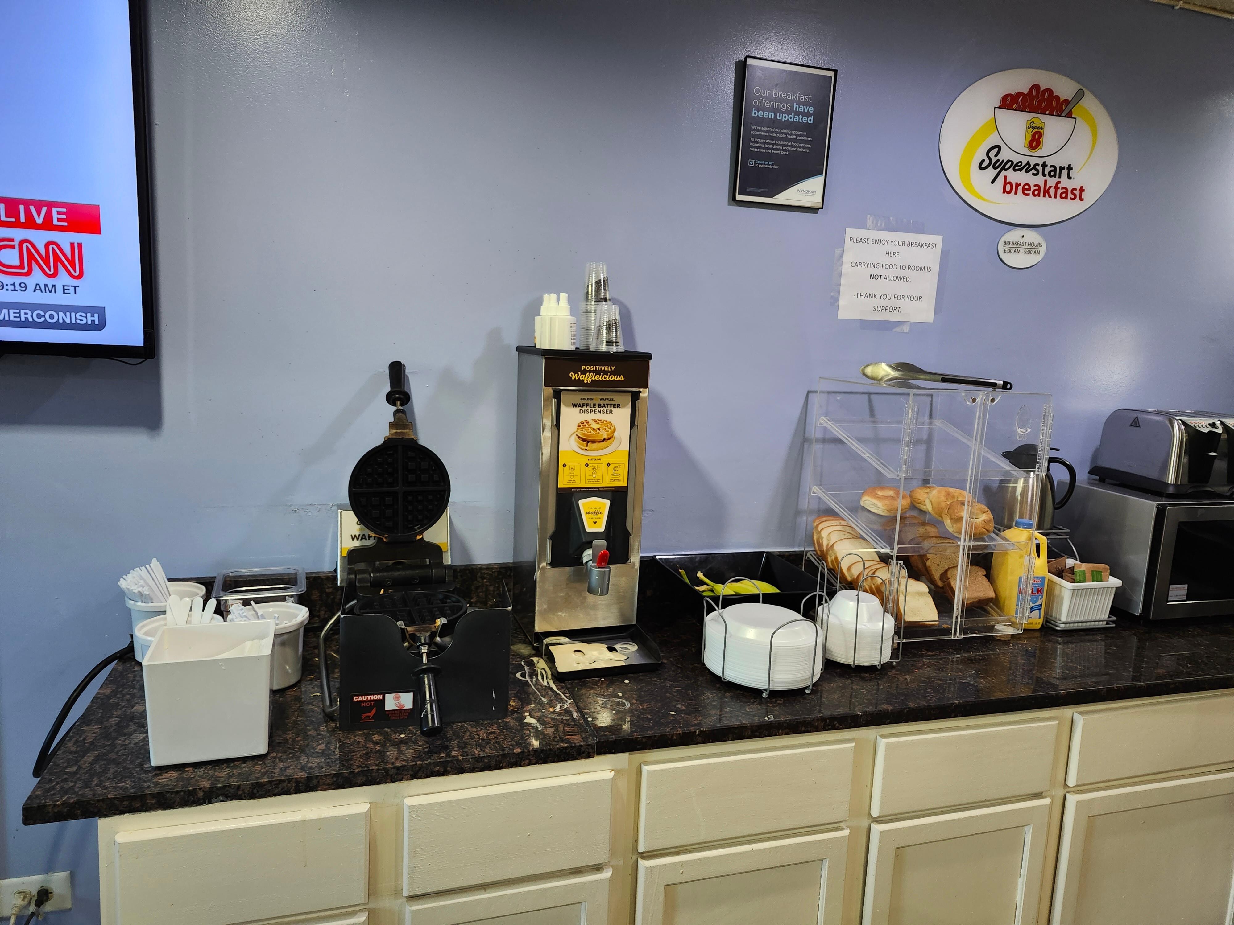 Waffles, that's it. Other ones I've stayed at had scrambled (powdered) eggs, bacon, sausage patties or links, or both, pancakes, and apples, oranges, and bananas.