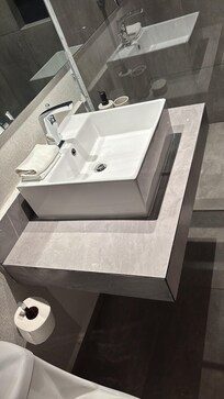 Nicely done bathroom but think the door was put on the wrong side. When you open the door, you have to step in the shower, then close the door to get to the toilet.