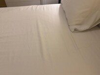 Bed sheets had multiple pieces of large hair on them.