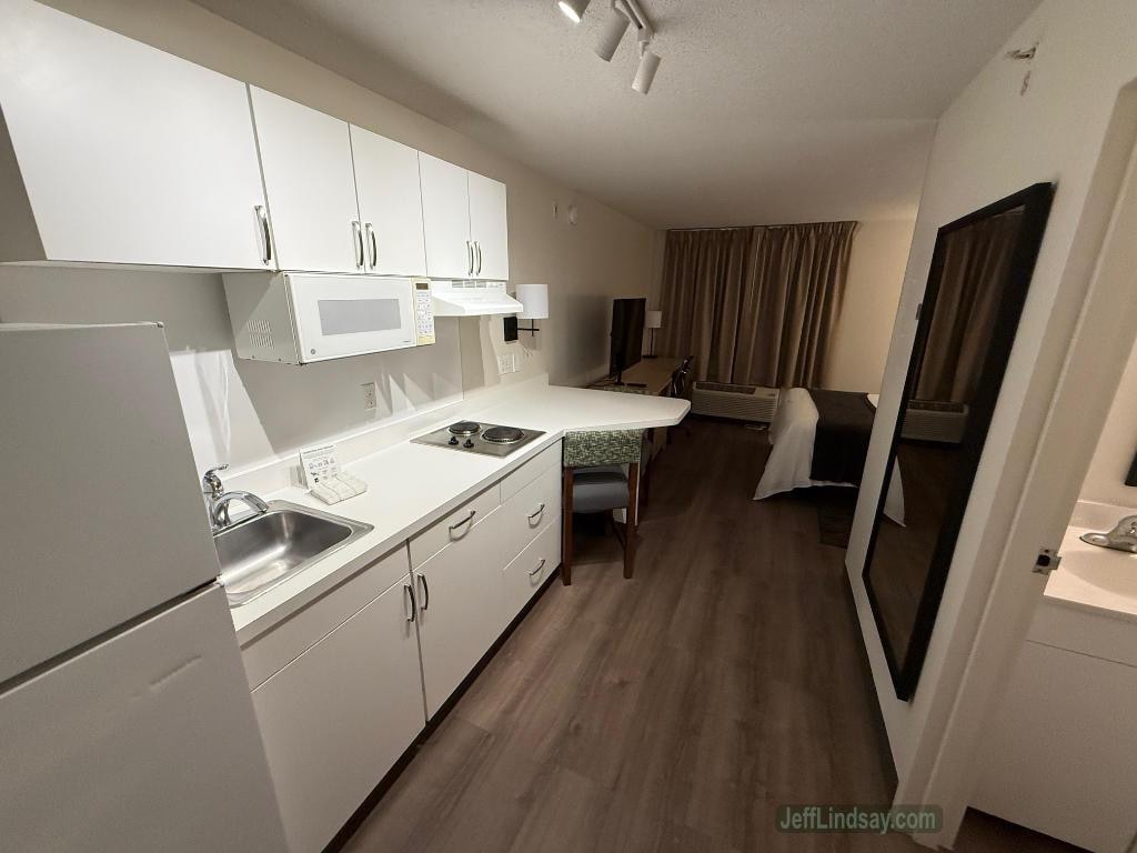 Looking at the kitchenette and the room. 