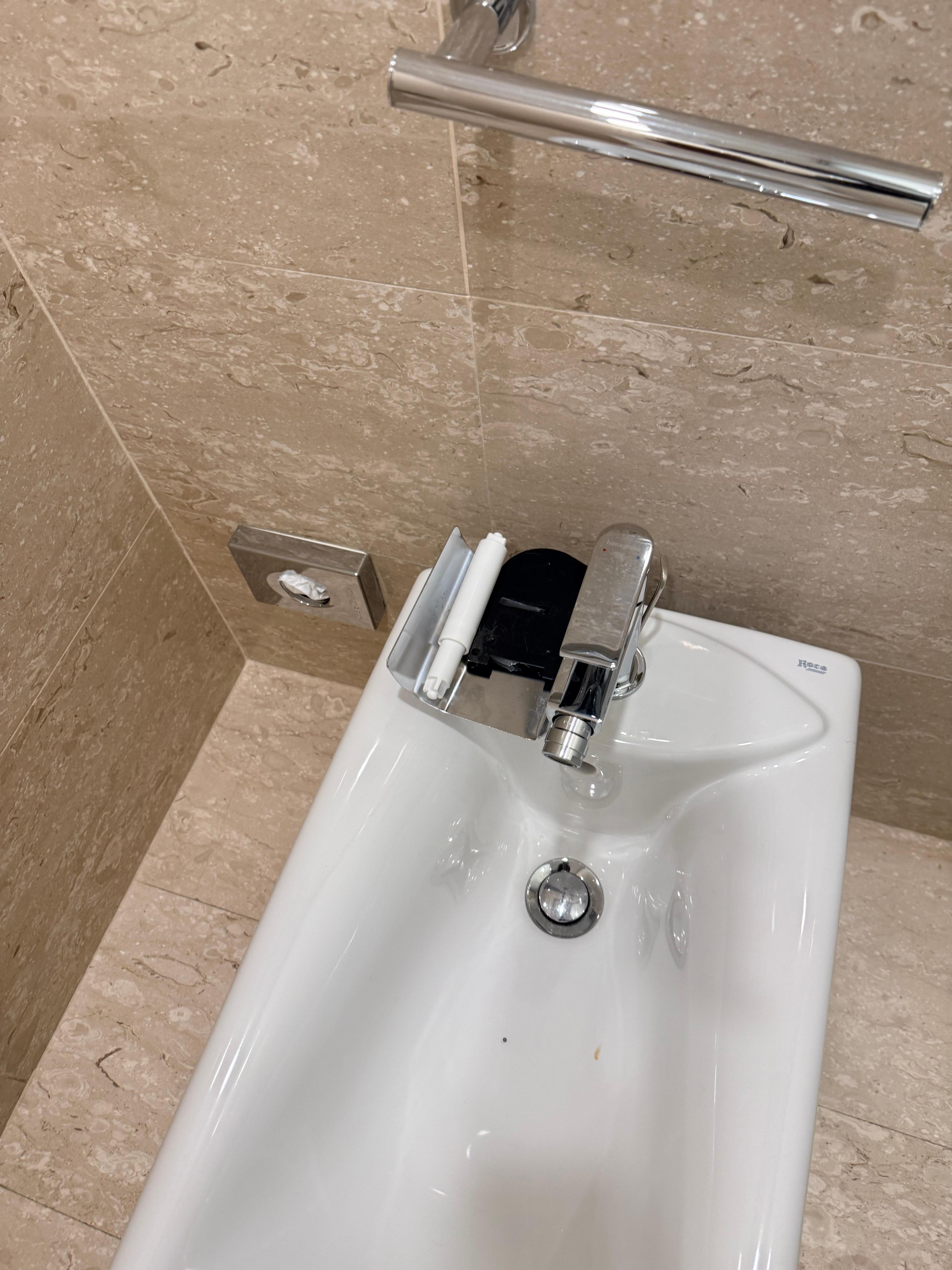 Broken toilet paper holder Placed on bidet!