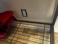 Outlets with no plates near the leaky broken coffee pot