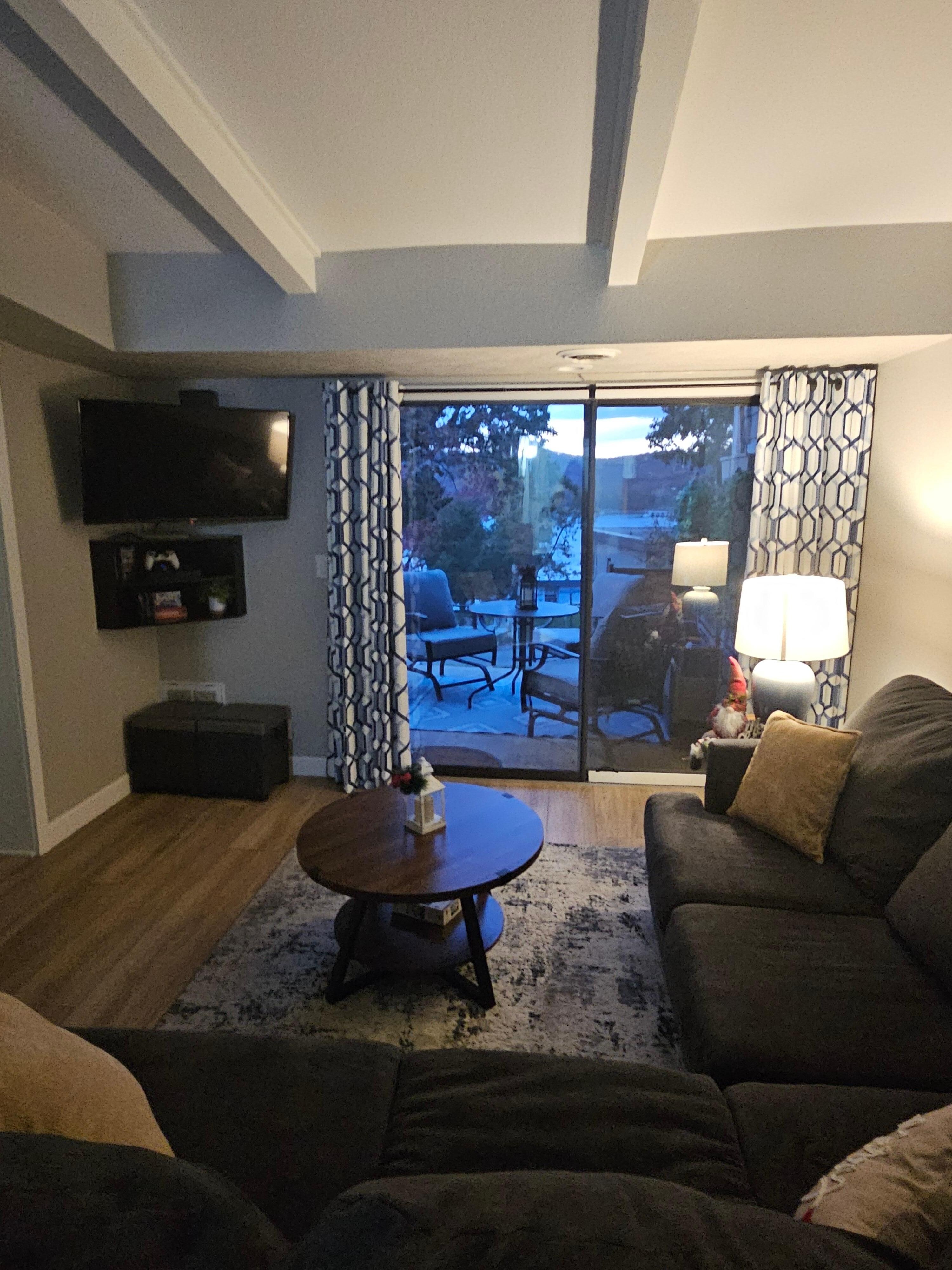 Sofa table behind sectional is only place to sit and eat. Couch is comfy. All good!