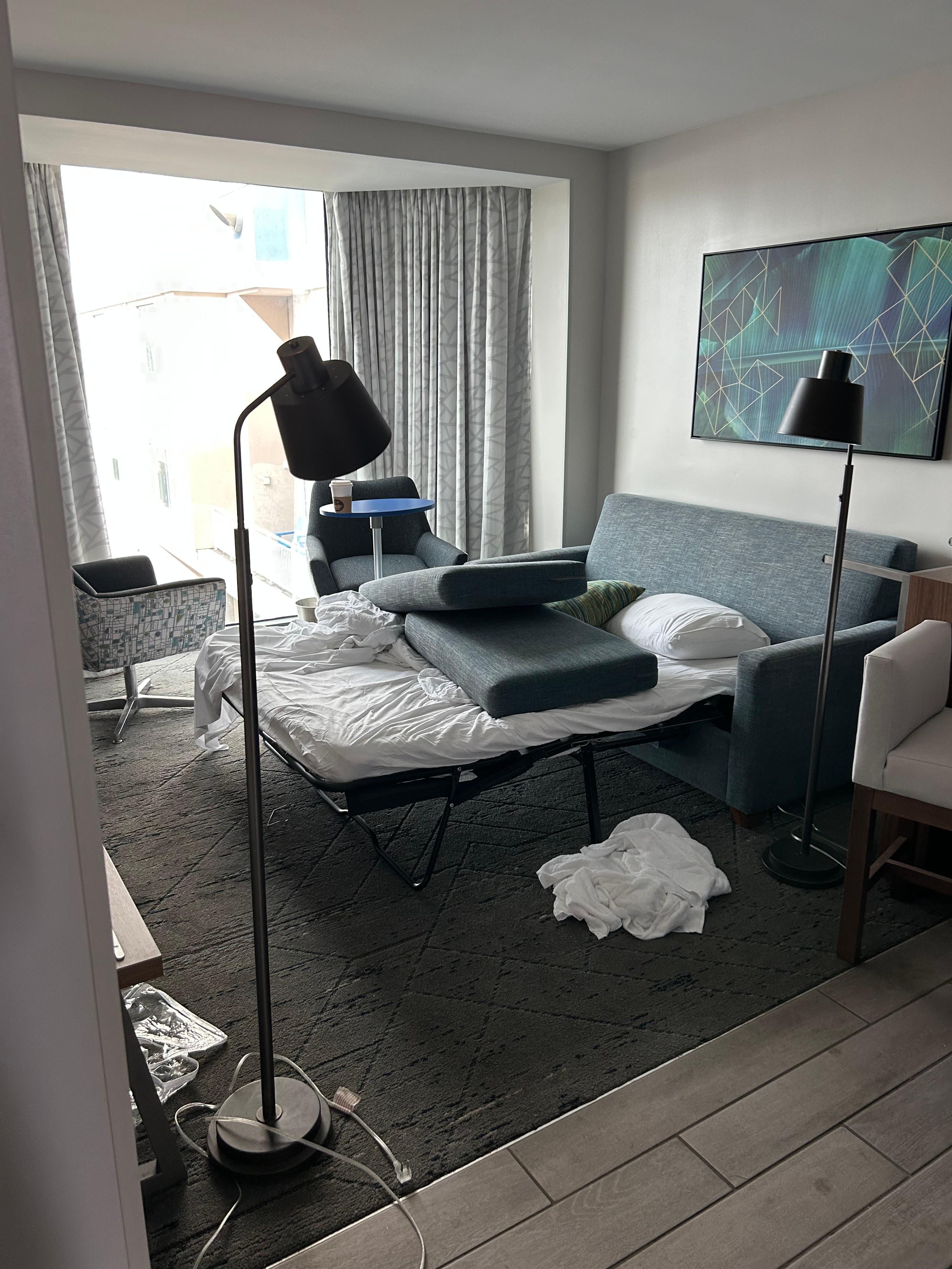 The lights that were brought in since there were no other lights in the front room. It was dark and creepy. 