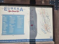 Cool downtown Eureka map posted on a large wooden sign on main street.