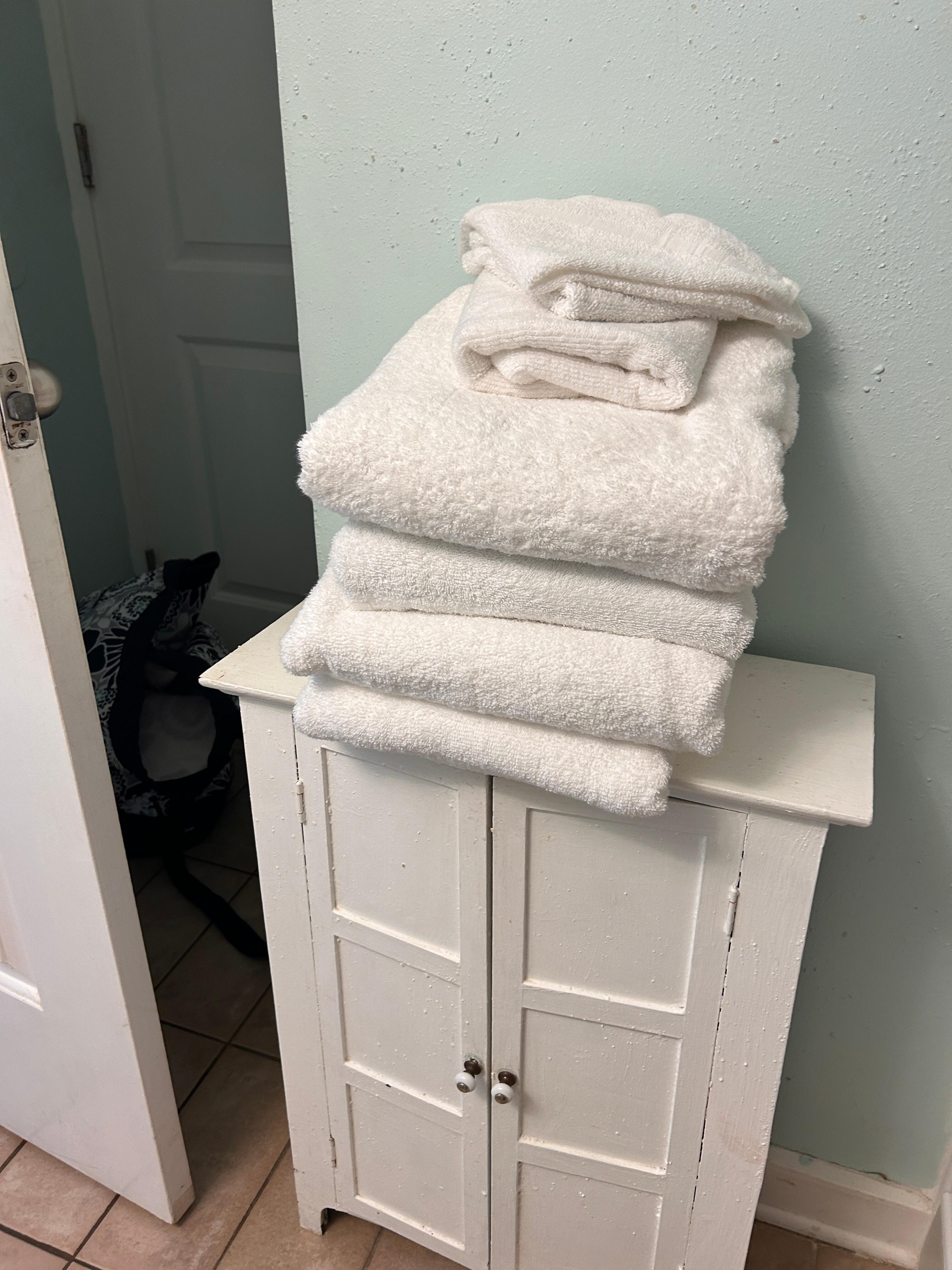 Lots of towels and storage in the bathroom 