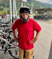 Tough old coot in his full faced helmet.