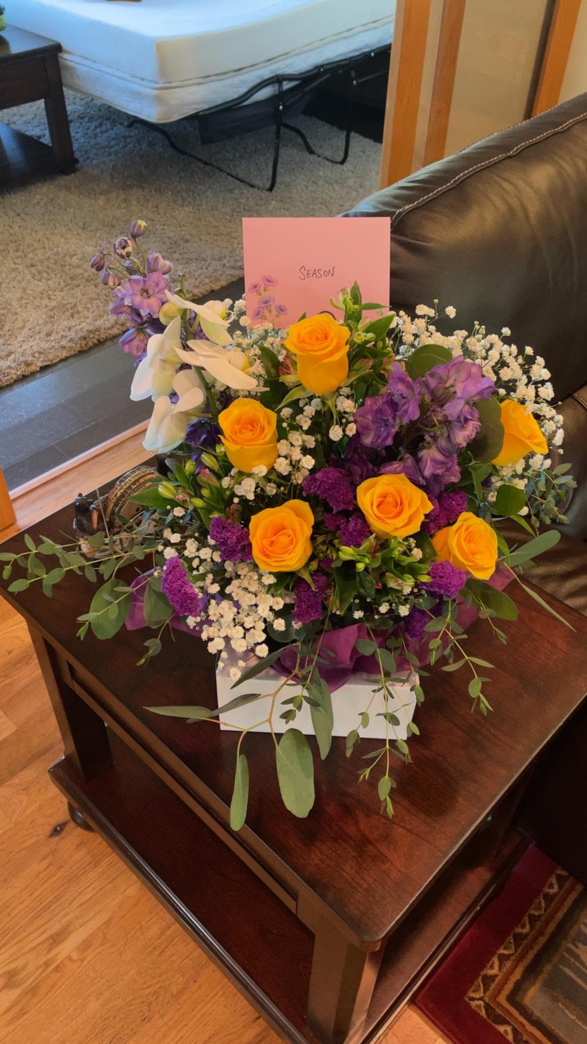 My husband had flowers delivered to our house for our anniversary/ my birthday.