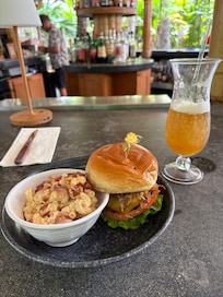 Delicious burger and macaroni salad
