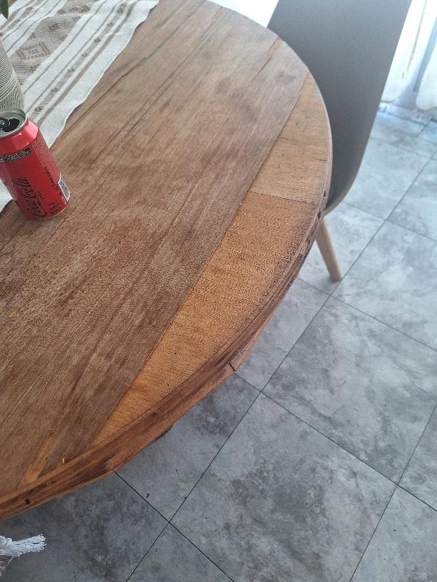 3rd floor table top was peeling off and dining room chairs are not meant for large men to use.