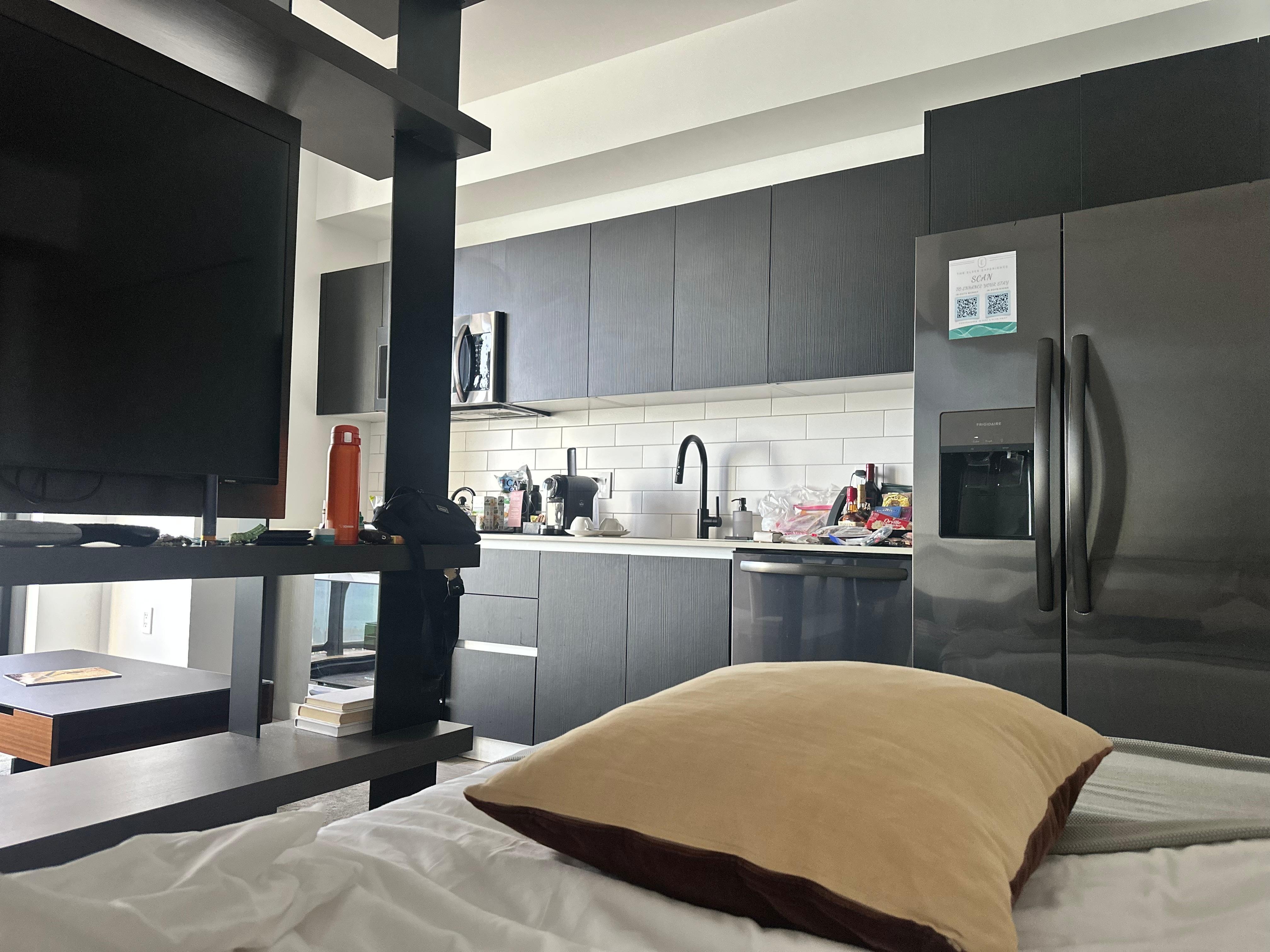 View from the king bed.  Note full size refrigerator.  Helpful for groceries to eat healthy