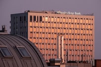View of the Mercedes-Benz Bank at sunset from the roof terrace