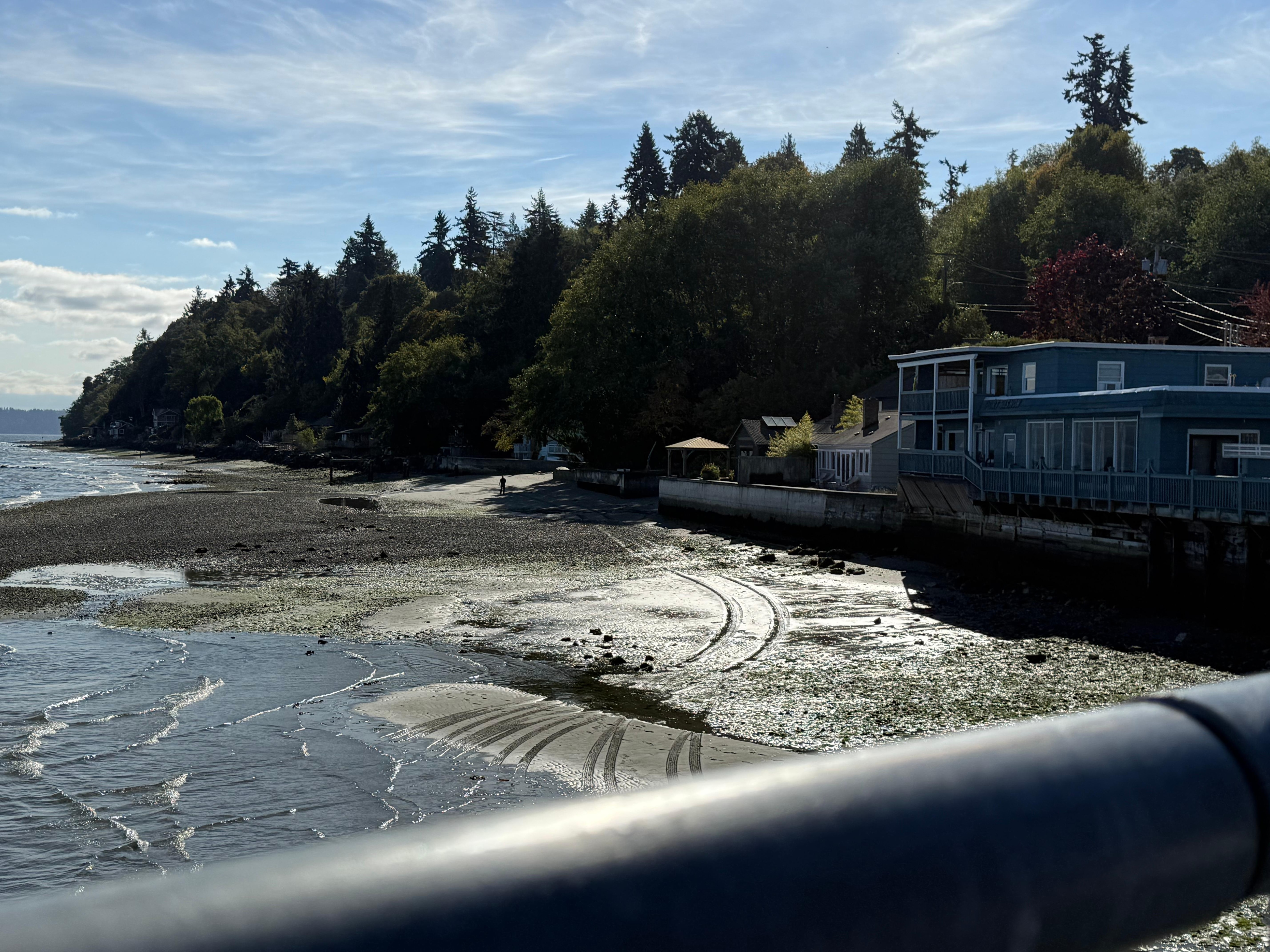 From the ferry dock. The back deck of the house is right next to the blue building.