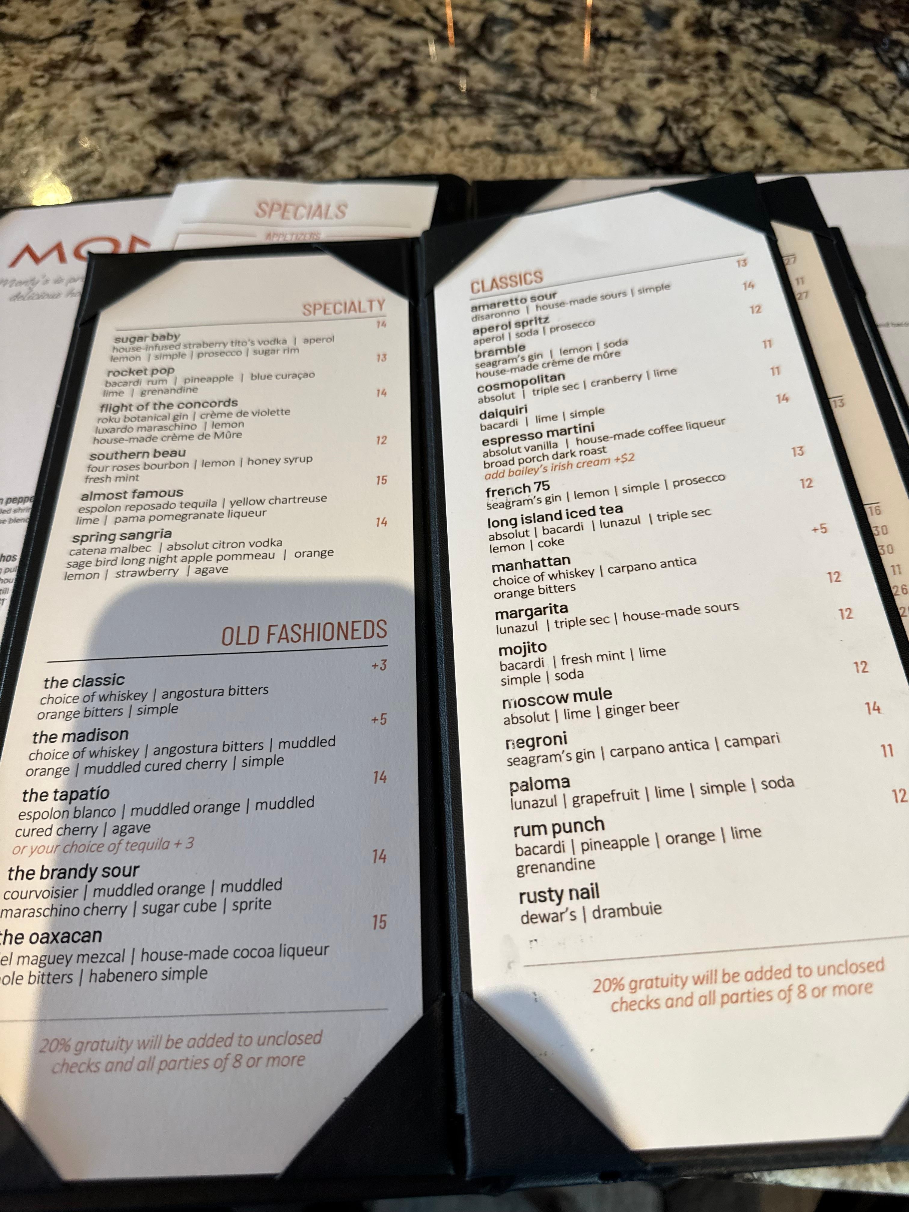 Monty’s cocktail menu. The Long Island Ice Tea was great, it’s been years since I’ve had one 