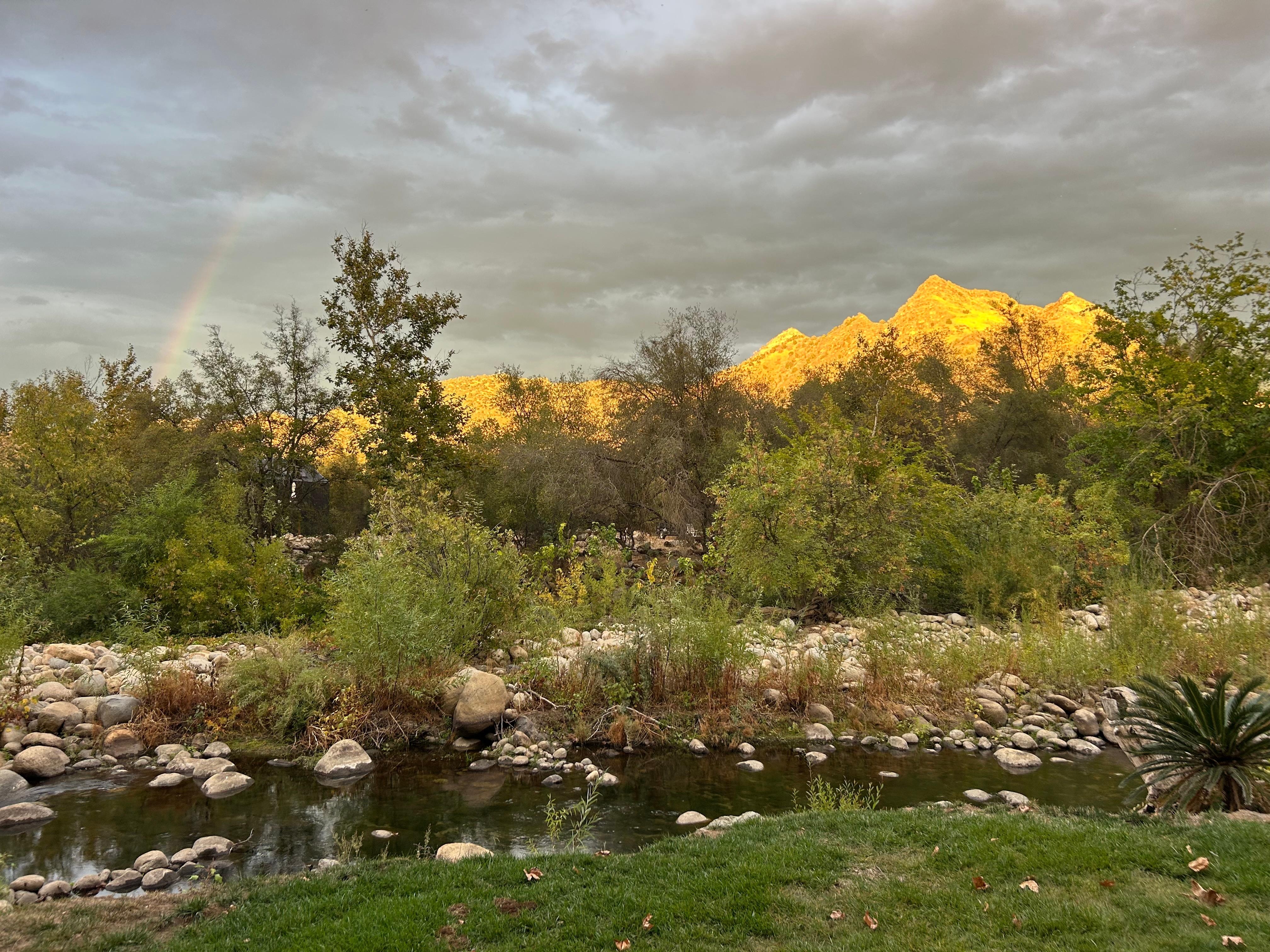 Rainbow after a rain at sunset.