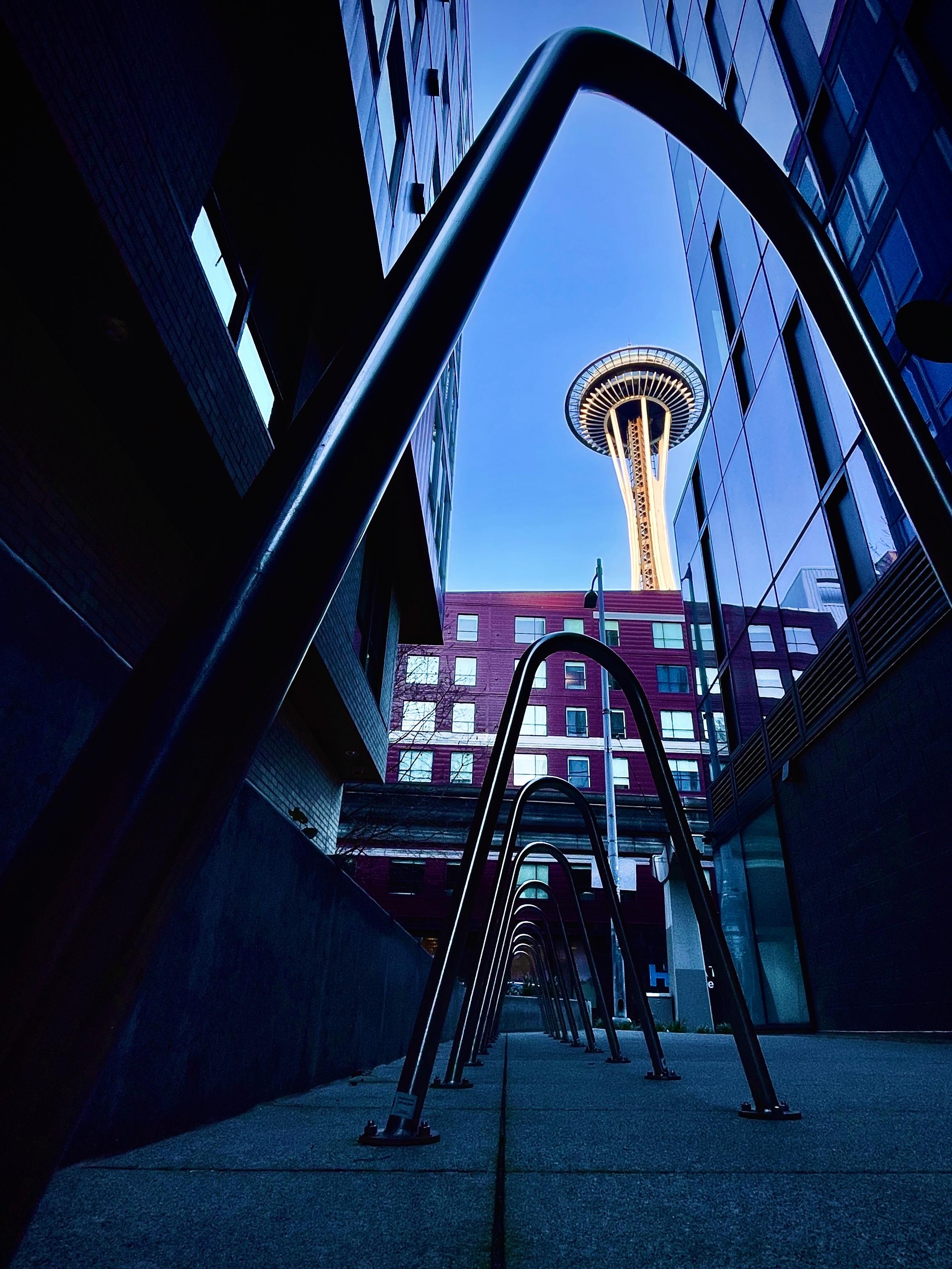 Right across from the hotel and the space needle on the other side of it