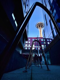Right across from the hotel and the space needle on the other side of it