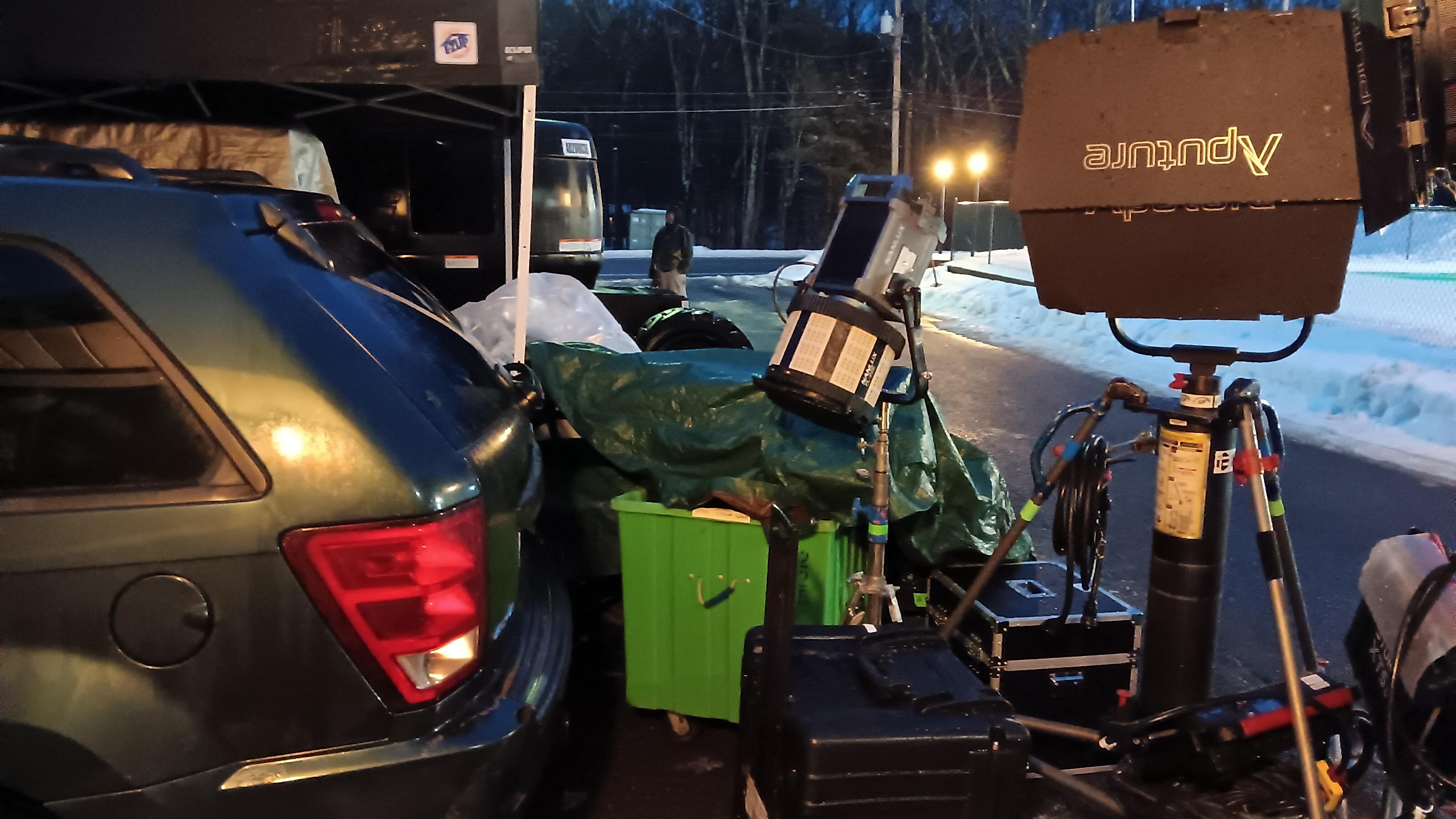 The rear of our vehicle surrounded by film gear during our stay.