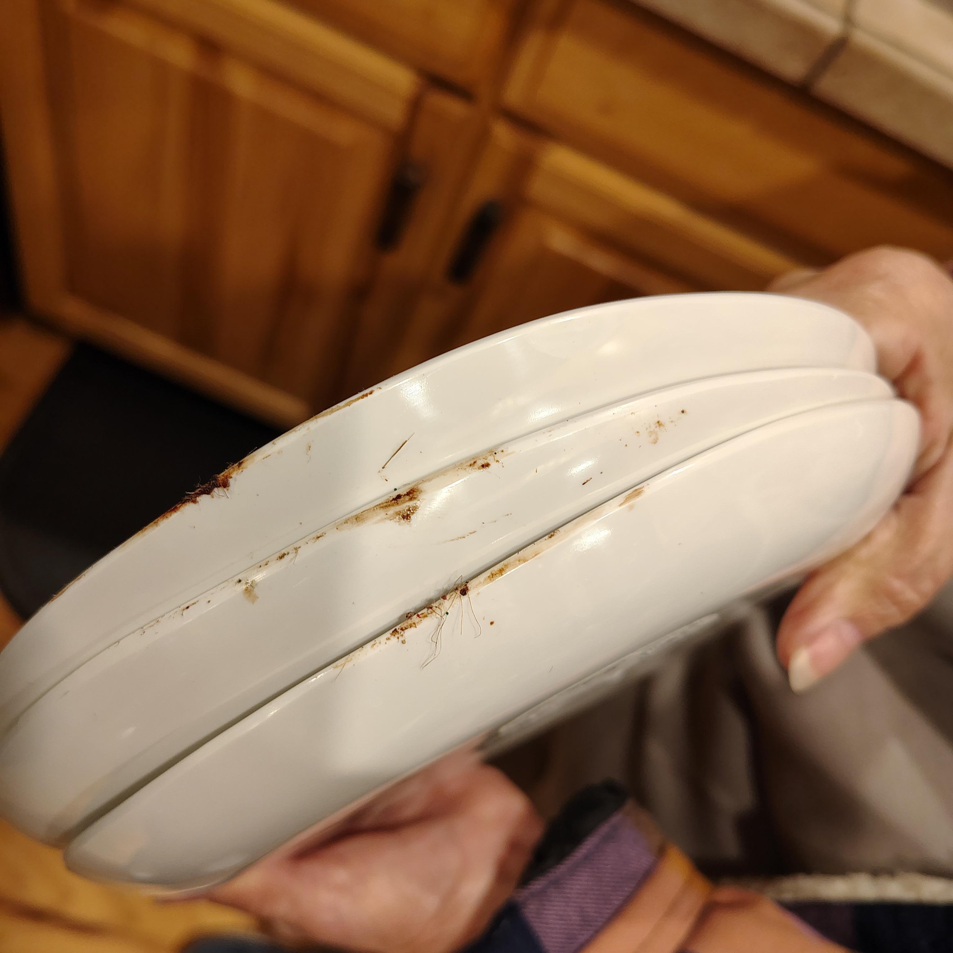 Sticky food on the plates in the cabinets. 